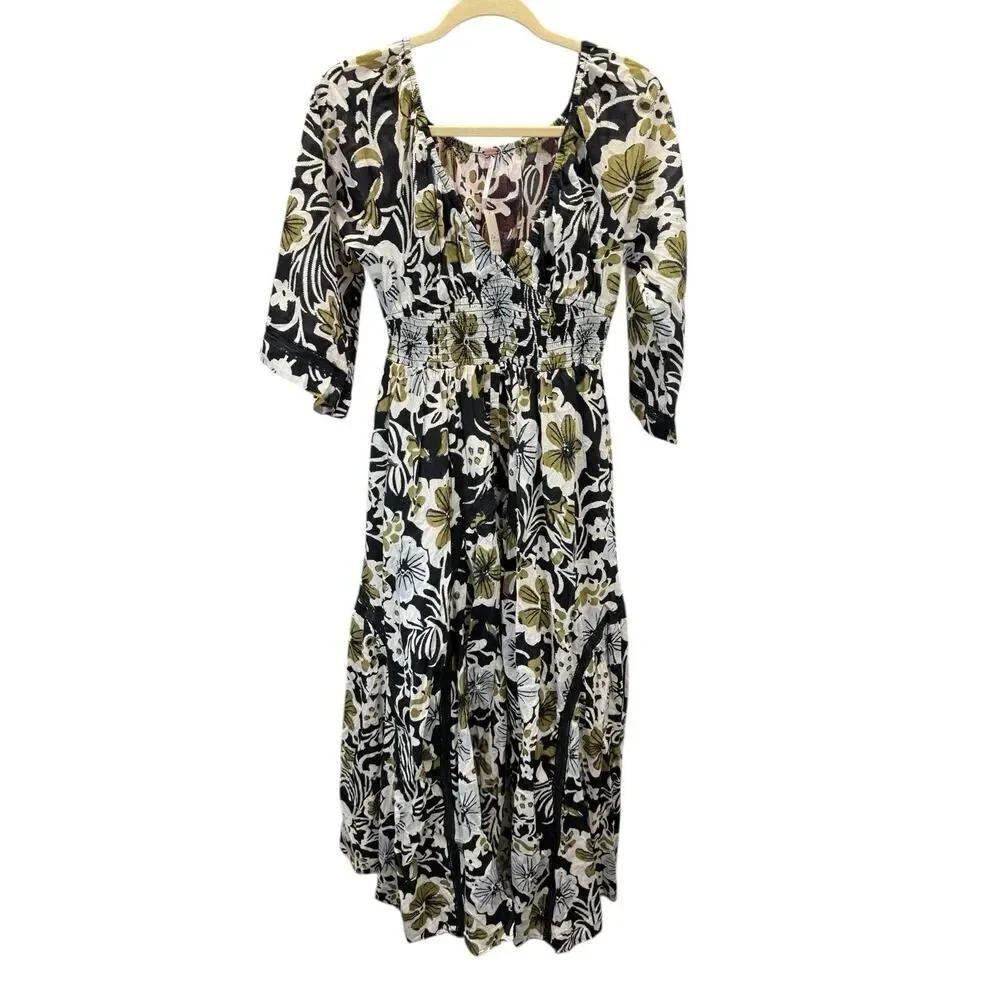 NWT Free People Dixie Floral Maxi Dress Black White Gold S 100% Cotton Boho Fall